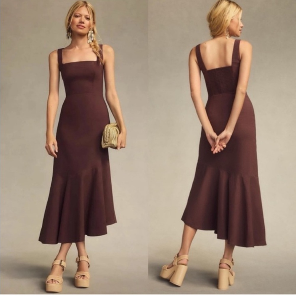 Anthropologie Square Neck Asymmetrical Midi Linen Dress Chocolate‎ Brown XLP y2k